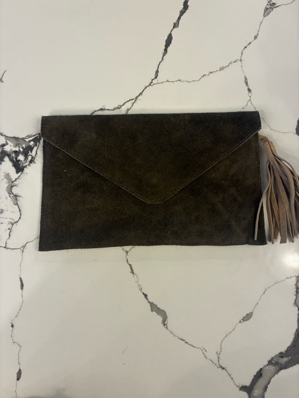 Suede Envelope Clutch with Tassel - Dark Brown
